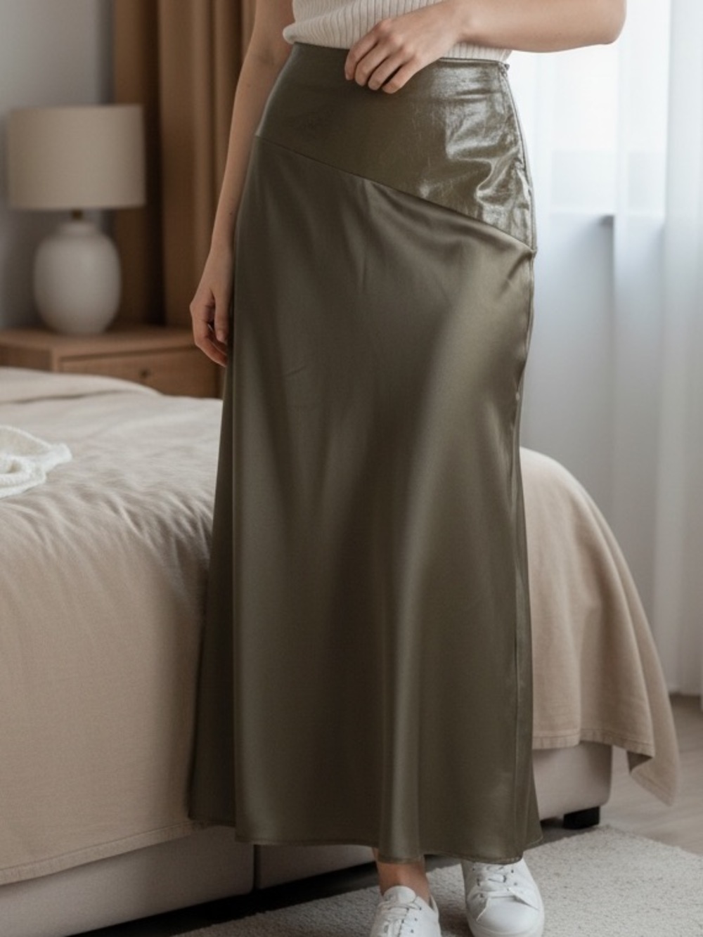Commense Olive Satin Maxi Skirt